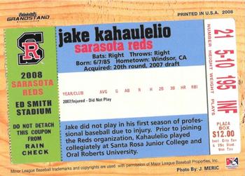 2008 Grandstand Sarasota Reds #NNO Jake Kahaulelio Back