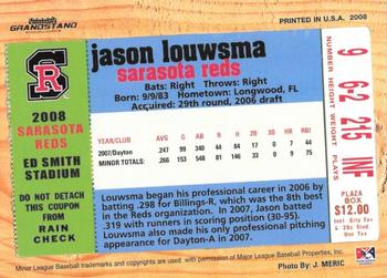 2008 Grandstand Sarasota Reds #NNO Jason Louwsma Back