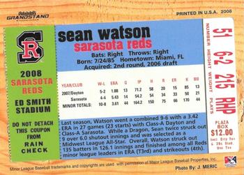 2008 Grandstand Sarasota Reds #NNO Sean Watson Back