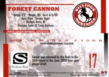 2009 Grandstand Billings Mustangs #NNO Forest Cannon Back