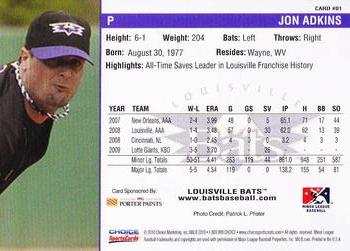 2010 Choice Louisville Bats #1 Jon Adkins Back