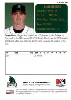 2011 Choice Dayton Dragons #20 Chad Rogers Back