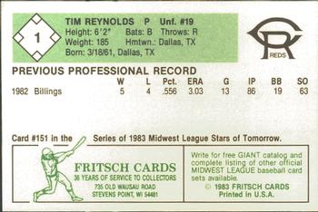 1983 Fritsch Cedar Rapids Reds #1 Tim Reynolds Back
