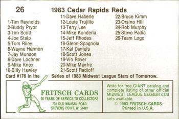 1983 Fritsch Cedar Rapids Reds #26 Team Logo Back