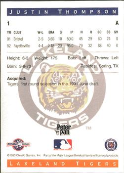 1993 Classic Best Lakeland Tigers #1 Justin Thompson Back