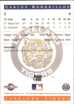 1993 Classic Best Lakeland Tigers #3 Carlos Burguillos Back