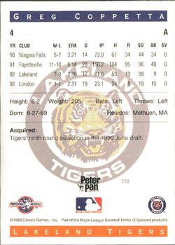 1993 Classic Best Lakeland Tigers #4 Greg Coppeta Back
