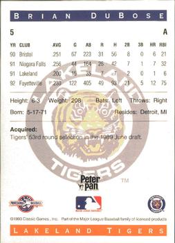 1993 Classic Best Lakeland Tigers #5 Brian DuBose Back