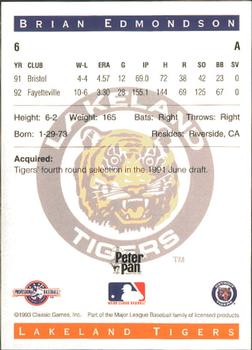 1993 Classic Best Lakeland Tigers #6 Brian Edmondson Back
