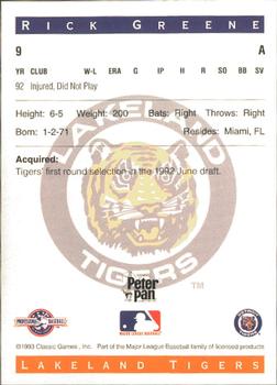 1993 Classic Best Lakeland Tigers #9 Rick Greene Back