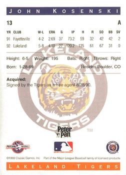 1993 Classic Best Lakeland Tigers #13 John Kosenski Back
