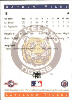 1993 Classic Best Lakeland Tigers #18 Darren Milne Back