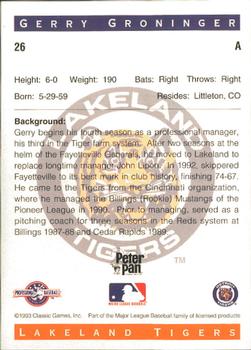 1993 Classic Best Lakeland Tigers #26 Gerry Groninger Back