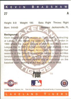 1993 Classic Best Lakeland Tigers #27 Kevin Bradshaw Back