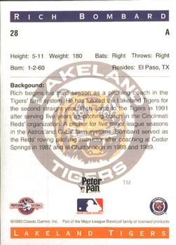 1993 Classic Best Lakeland Tigers #28 Rich Bombard Back