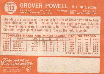 1964 Topps #113 Grover Powell Back