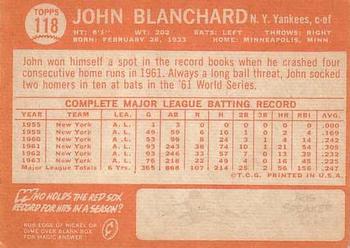 1964 Topps #118 John Blanchard Back
