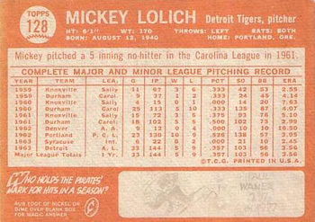 1964 Topps #128 Mickey Lolich Back