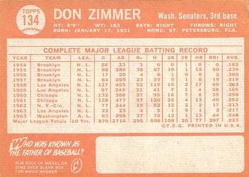 1964 Topps #134 Don Zimmer Back