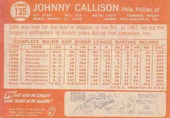 1964 Topps #135 Johnny Callison Back