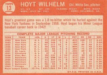 1964 Topps #13 Hoyt Wilhelm Back