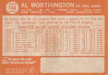 1964 Topps #144 Al Worthington Back