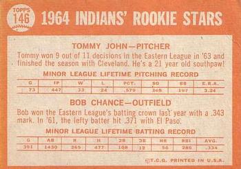 1964 Topps #146 Indians 1964 Rookie Stars (Tommy John / Bob Chance) Back