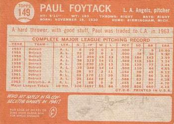 1964 Topps #149 Paul Foytack Back
