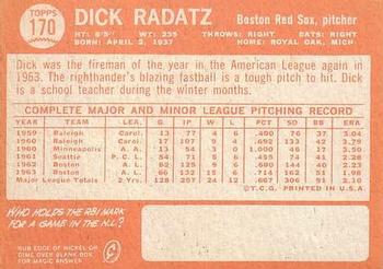 1964 Topps #170 Dick Radatz Back