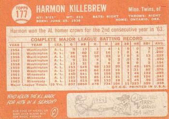 1964 Topps #177 Harmon Killebrew Back