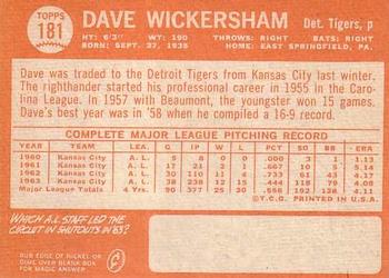 1964 Topps #181 Dave Wickersham Back