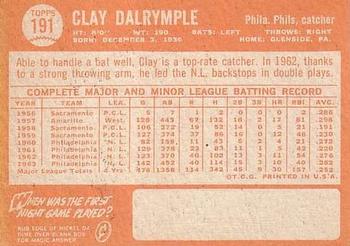 1964 Topps #191 Clay Dalrymple Back