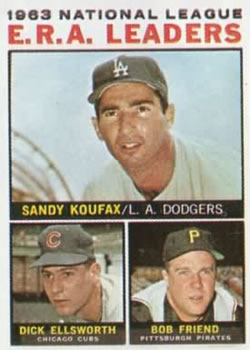1964 Topps #1 1963 National League E.R.A. Leaders (Sandy Koufax / Dick Ellsworth / Bob Friend) Front