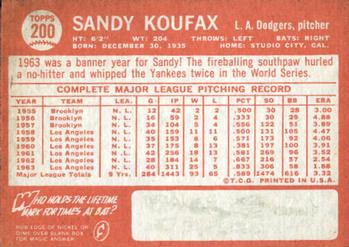 1964 Topps #200 Sandy Koufax Back