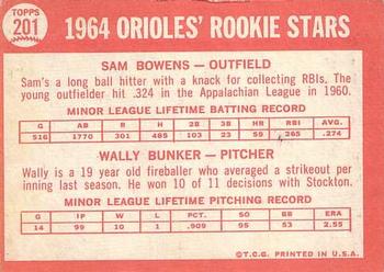 1964 Topps #201 Orioles 1964 Rookie Stars (Sam Bowens / Wally Bunker) Back