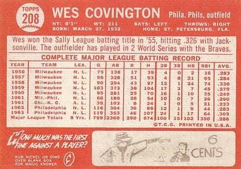 1964 Topps #208 Wes Covington Back