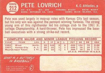 1964 Topps #212 Pete Lovrich Back