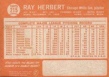 1964 Topps #215 Ray Herbert Back