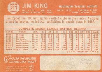 1964 Topps #217 Jim King Back