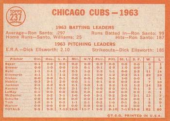 1964 Topps #237 Chicago Cubs Back