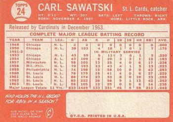 1964 Topps #24 Carl Sawatski Back