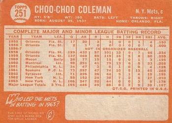 1964 Topps #251 Choo Choo Coleman Back