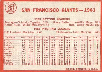 1964 Topps #257 San Francisco Giants Back