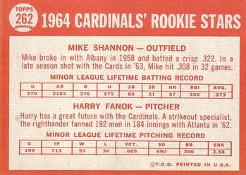 1964 Topps #262 Cardinals 1964 Rookie Stars (Mike Shannon / Harry Fanok) Back