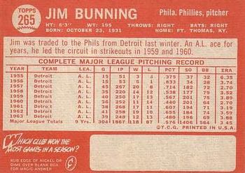 1964 Topps #265 Jim Bunning Back