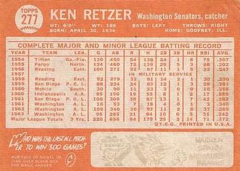 1964 Topps #277 Ken Retzer Back