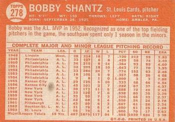 1964 Topps #278 Bobby Shantz Back