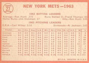 1964 Topps #27 New York Mets Back