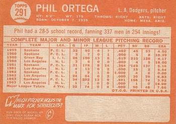 1964 Topps #291 Phil Ortega Back