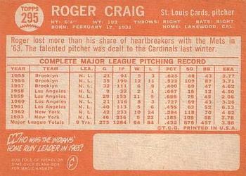 1964 Topps #295 Roger Craig Back